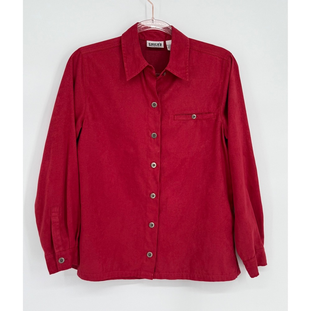 Chico's Design Red Faux Suede Vintage Button Down Long Sleeve Shirt Sz 0/US Sz S